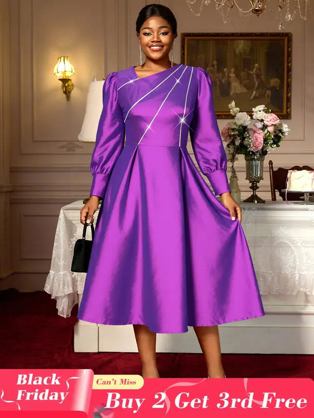 AOMEIDRESS Elegant A Line Shiny Puff Sleeve Dress for Wedding Party Purple / S