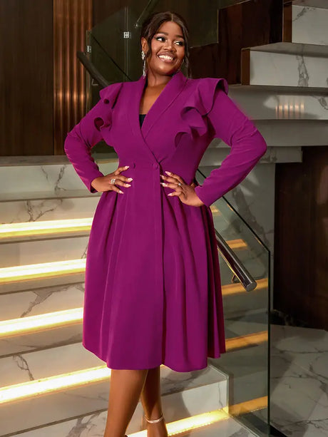 AOMEIDRESS Elegant A Line Turn Down Collar Ruffles Midi Dresses