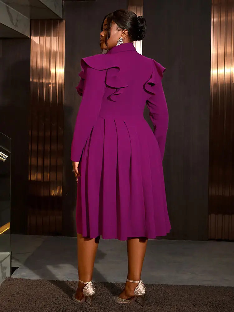 AOMEIDRESS Elegant A Line Turn Down Collar Ruffles Midi Dresses