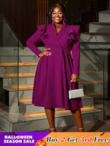AOMEIDRESS Elegant A Line Turn Down Collar Ruffles Midi Dresses Purple / 0XL
