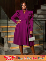 AOMEIDRESS Elegant A Line Turn Down Collar Ruffles Midi Dresses Purple / 0XL