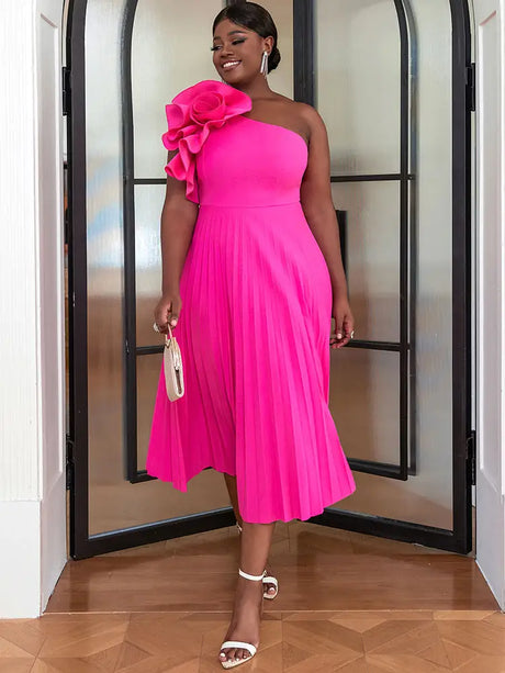 AOMEIDRESS Elegant A Line Wedding Guests Dress One Shoulder 3D Flower Rose / 0XL