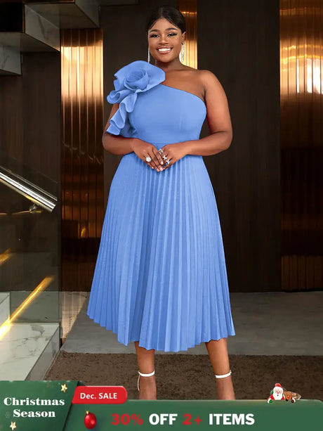 AOMEIDRESS Elegant A Line Wedding Guests Dress One Shoulder 3D Flower SkyBlue / 0XL