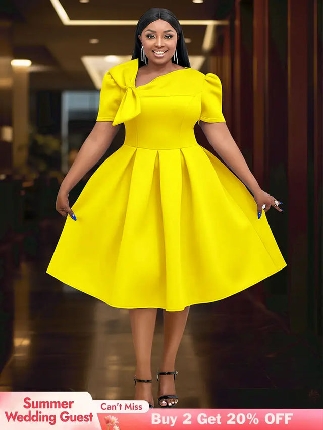 AOMEIDRESS Elegant A Line Wedding Guests Dress With A Bow Puff Sleeve Yellow / 0XL