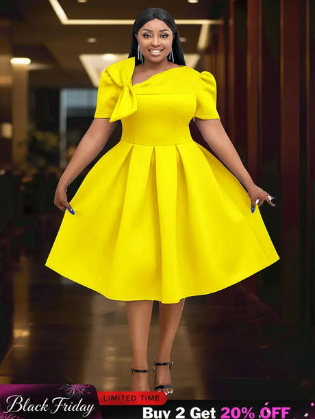 AOMEIDRESS Elegant A Line Wedding Guests Dress With A Bow Puff Sleeve Yellow / 0XL