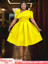 AOMEIDRESS Elegant A Line Wedding Guests Dress With A Bow Puff Sleeve Yellow / 0XL