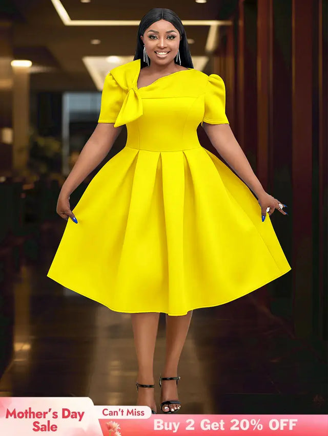 AOMEIDRESS Elegant A Line Wedding Guests Dress With A Bow Puff Sleeve Yellow / 0XL