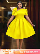 AOMEIDRESS Elegant A Line Wedding Guests Dress With A Bow Puff Sleeve Yellow / 0XL