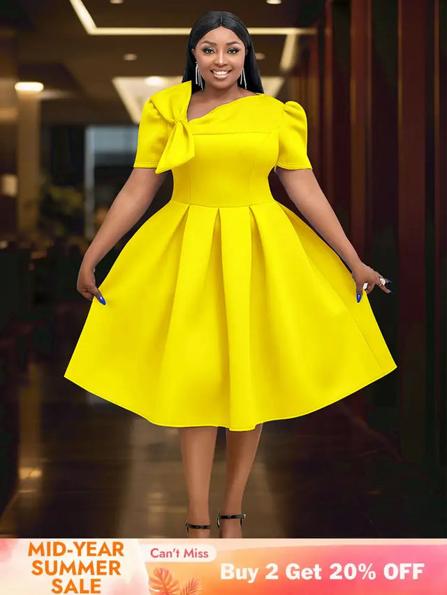 AOMEIDRESS Elegant A Line Wedding Guests Dress With A Bow Puff Sleeve Yellow / 0XL