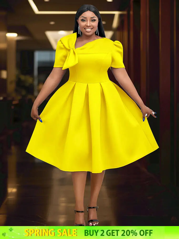 AOMEIDRESS Elegant A Line Wedding Guests Dress With A Bow Puff Sleeve Yellow / 0XL