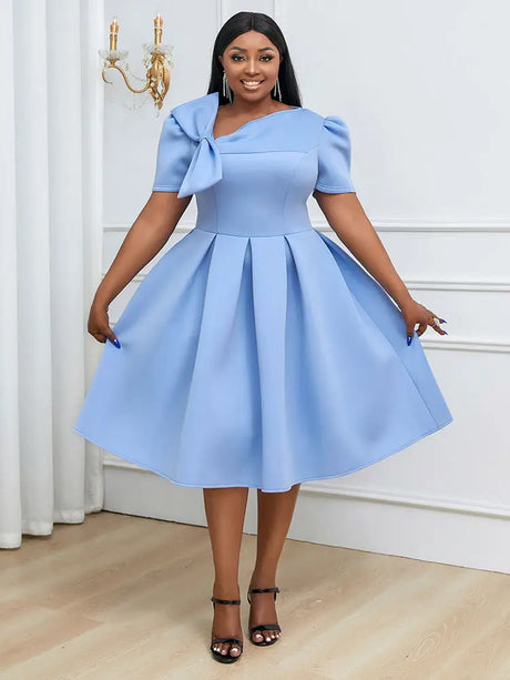 AOMEIDRESS Elegant A Line Wedding Guests Dress With A Bow Puff Sleeve Blue / 0XL