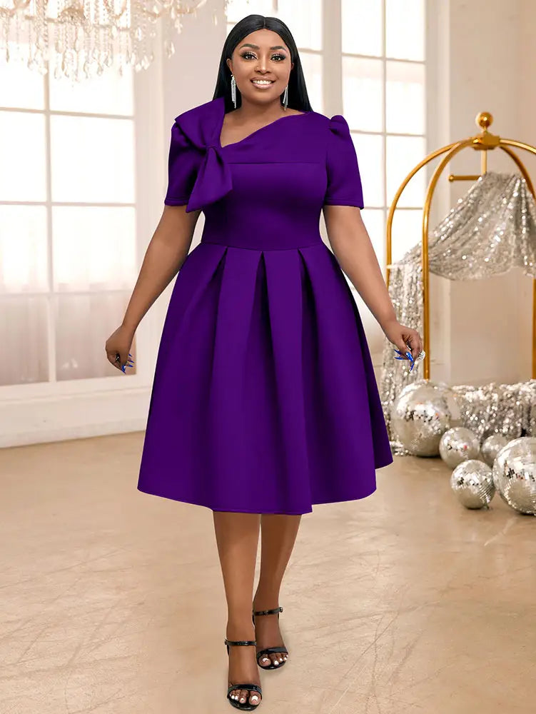 AOMEIDRESS Elegant A Line Wedding Guests Dress With A Bow Puff Sleeve DarkPurple / 0XL