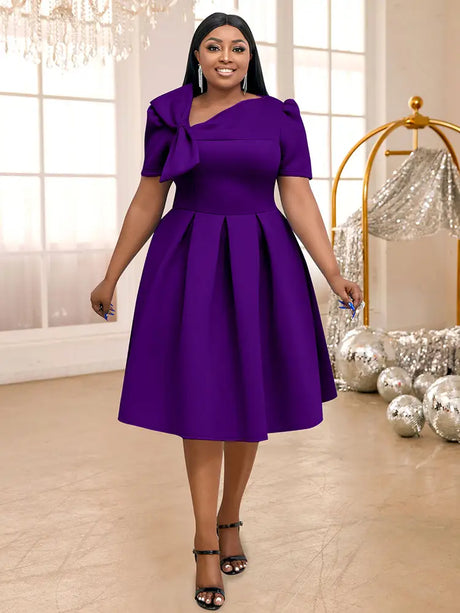 AOMEIDRESS Elegant A Line Wedding Guests Dress With A Bow Puff Sleeve DarkPurple / 0XL