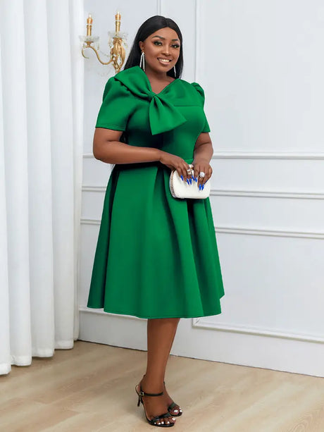 AOMEIDRESS Elegant A Line Wedding Guests Dress With A Bow Puff Sleeve Green / 0XL