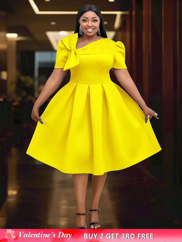 AOMEIDRESS Elegant A Line Wedding Guests Dress With A Bow Puff Sleeve Yellow / 0XL