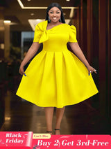 AOMEIDRESS Elegant A Line Wedding Guests Dress With A Bow Puff Sleeve Yellow / 0XL
