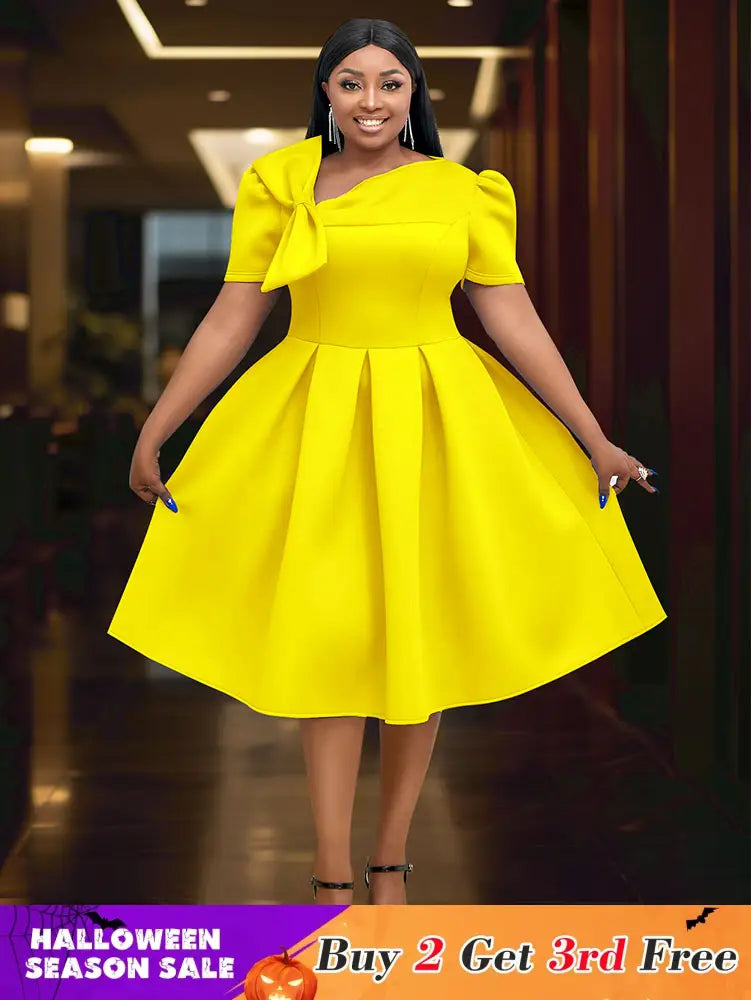 AOMEIDRESS Elegant A Line Wedding Guests Dress With A Bow Puff Sleeve Yellow / 0XL