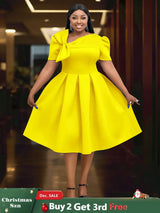 AOMEIDRESS Elegant A Line Wedding Guests Dress With A Bow Puff Sleeve Yellow / 0XL