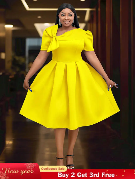 AOMEIDRESS Elegant A Line Wedding Guests Dress With A Bow Puff Sleeve Yellow / 0XL