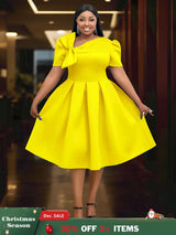 AOMEIDRESS Elegant A Line Wedding Guests Dress With A Bow Puff Sleeve Yellow / 0XL
