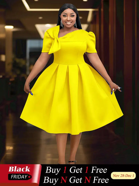 AOMEIDRESS Elegant A Line Wedding Guests Dress With A Bow Puff Sleeve Yellow / 0XL