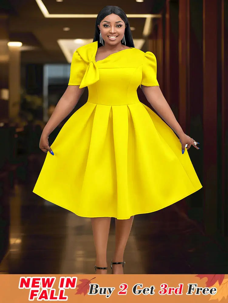 AOMEIDRESS Elegant A Line Wedding Guests Dress With A Bow Puff Sleeve Yellow / 0XL