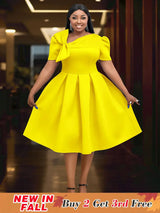 AOMEIDRESS Elegant A Line Wedding Guests Dress With A Bow Puff Sleeve Yellow / 0XL