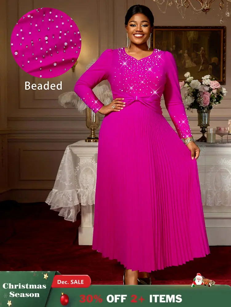 AOMEIDRESS Elegant Autumn A LIne Pleated Bead Dress for Party Wedding Rose / S