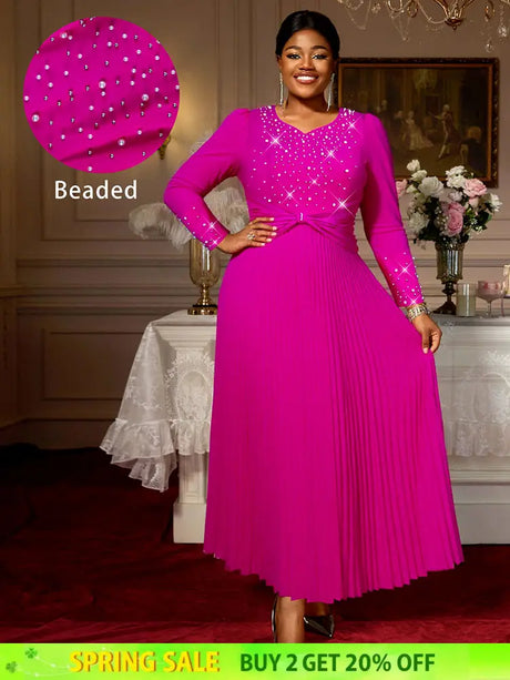 AOMEIDRESS Elegant Autumn A LIne Pleated Bead Dress for Party Wedding Rose / S