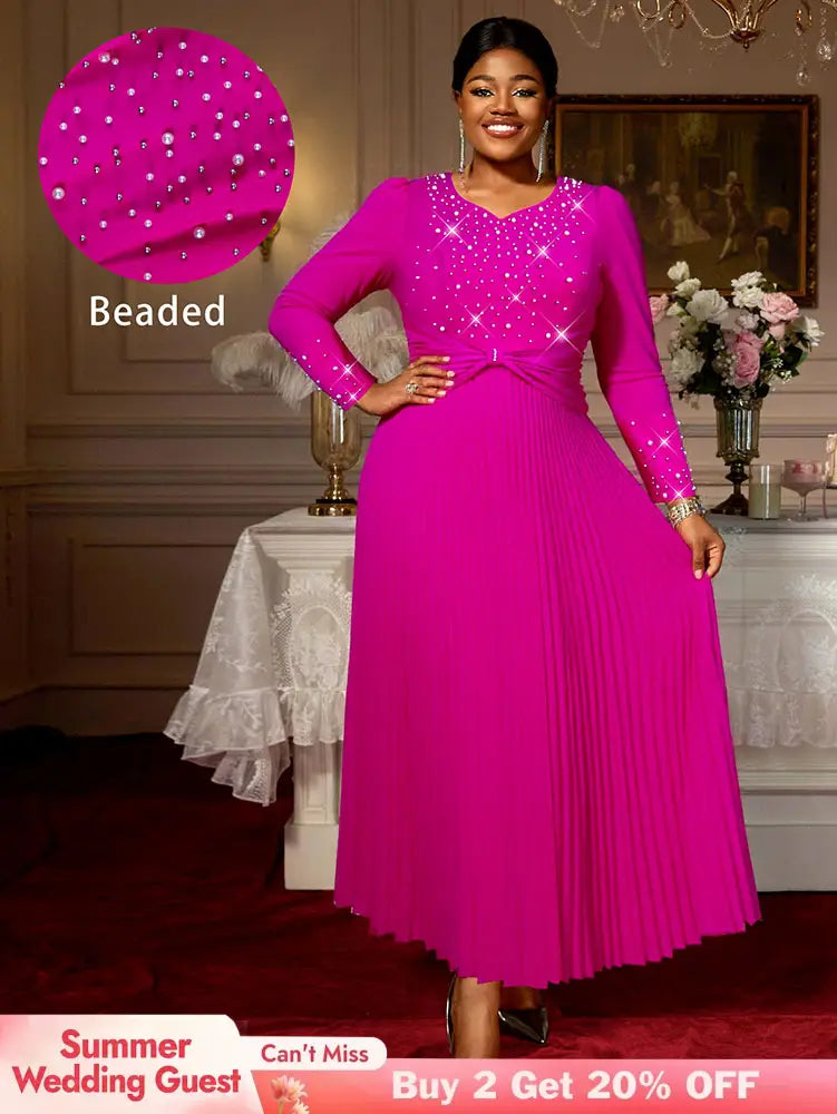 AOMEIDRESS Elegant Autumn A LIne Pleated Bead Dress for Party Wedding Rose / S