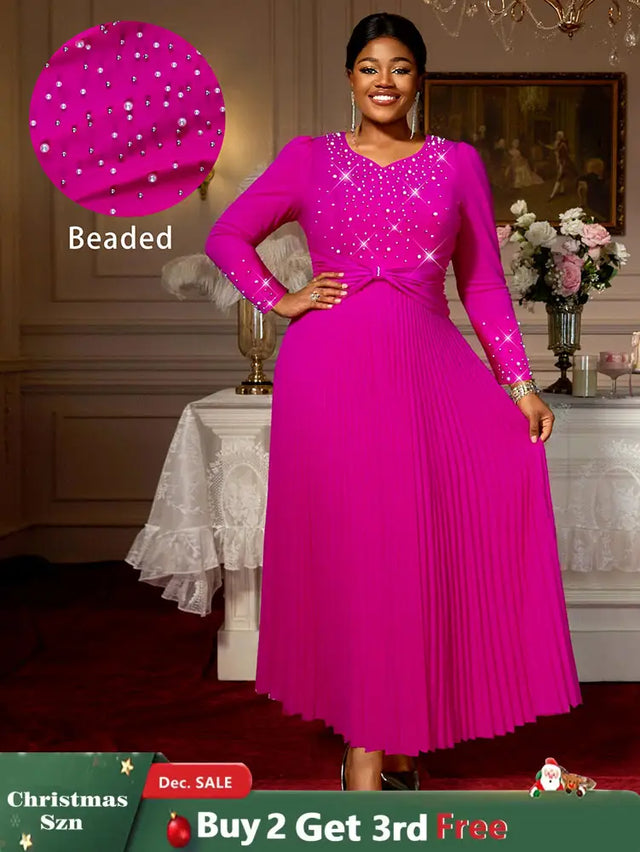 AOMEIDRESS Elegant Autumn A LIne Pleated Bead Dress for Party Wedding Rose / S