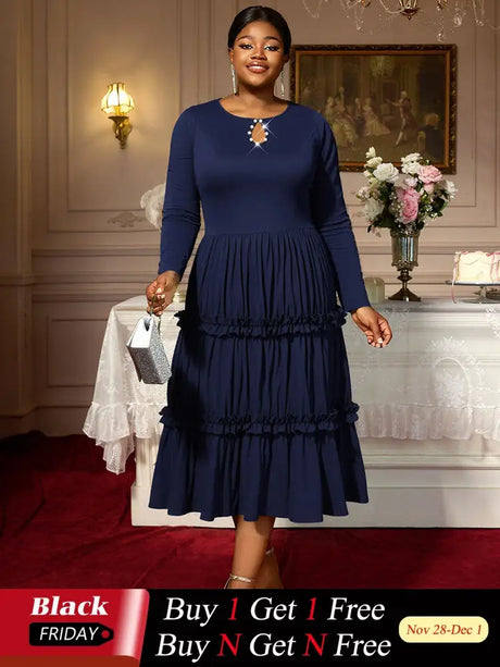 AOMEIDRESS Elegant Autumn Winter Midi Pleated Dress for Office Church Navy / S
