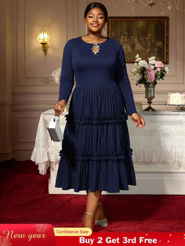 AOMEIDRESS Elegant Autumn Winter Midi Pleated Dress for Office Church Navy / S
