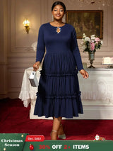 AOMEIDRESS Elegant Autumn Winter Midi Pleated Dress for Office Church Navy / S