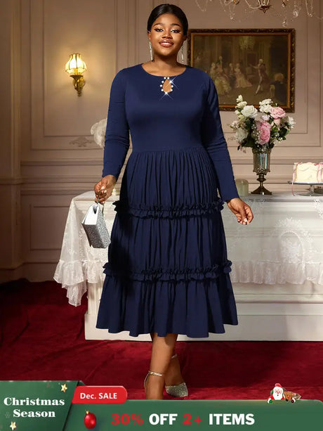 AOMEIDRESS Elegant Autumn Winter Midi Pleated Dress for Office Church Navy / S