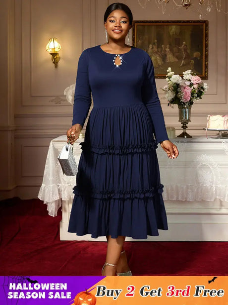 AOMEIDRESS Elegant Autumn Winter Midi Pleated Dress for Office Church Navy / S