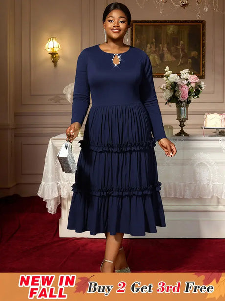 AOMEIDRESS Elegant Autumn Winter Midi Pleated Dress for Office Church Navy / S