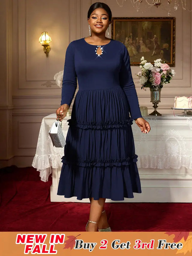 AOMEIDRESS Elegant Autumn Winter Midi Pleated Dress for Office Church Navy / S