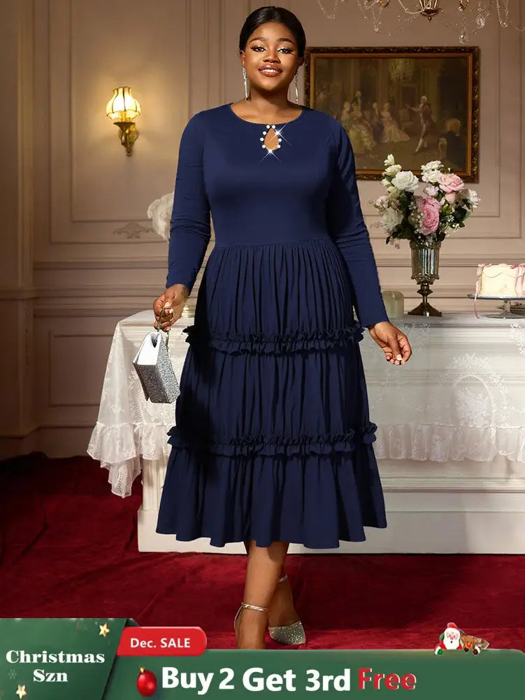 AOMEIDRESS Elegant Autumn Winter Midi Pleated Dress for Office Church Navy / S