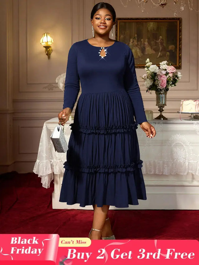 AOMEIDRESS Elegant Autumn Winter Midi Pleated Dress for Office Church Navy / S