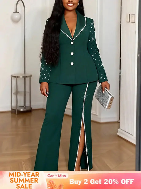 AOMEIDRESS Elegant Beaded 2 Piece Suit Turn Down Collar Blazer Side Slit Wide Leg Trousers