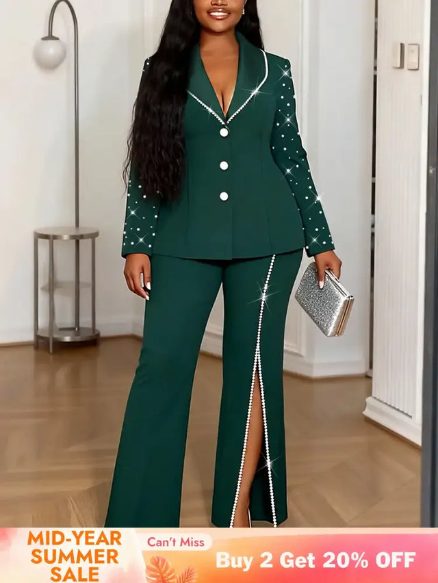 AOMEIDRESS Elegant Beaded 2 Piece Suit Turn Down Collar Blazer Side Slit Wide Leg Trousers