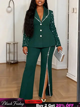 AOMEIDRESS Elegant Beaded 2 Piece Suit Turn Down Collar Blazer Side Slit Wide Leg Trousers
