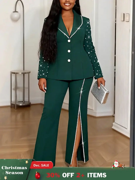 AOMEIDRESS Elegant Beaded 2 Piece Suit Turn Down Collar Blazer Side Slit Wide Leg Trousers