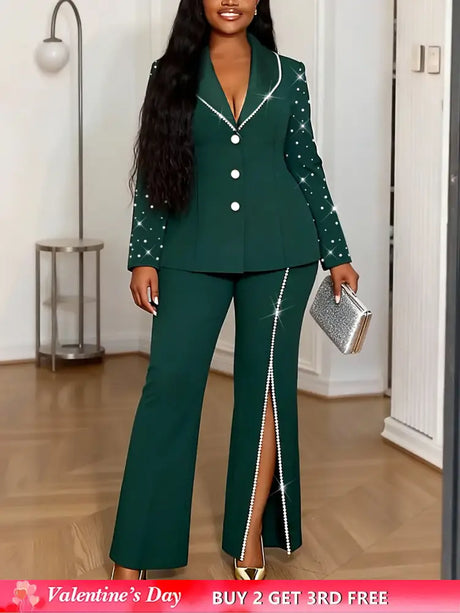 AOMEIDRESS Elegant Beaded 2 Piece Suit Turn Down Collar Blazer Side Slit Wide Leg Trousers