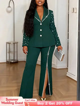 AOMEIDRESS Elegant Beaded 2 Piece Suit Turn Down Collar Blazer Side Slit Wide Leg Trousers