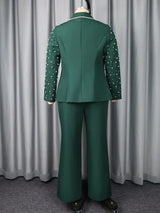 AOMEIDRESS Elegant Beaded 2 Piece Suit Turn Down Collar Blazer Side Slit Wide Leg Trousers