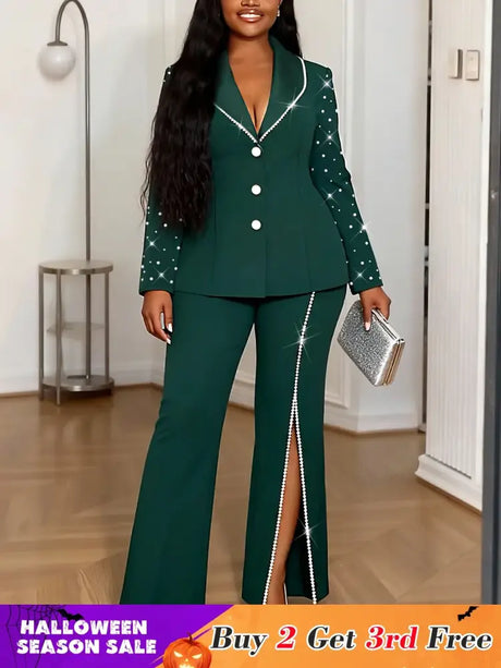 AOMEIDRESS Elegant Beaded 2 Piece Suit Turn Down Collar Blazer Side Slit Wide Leg Trousers