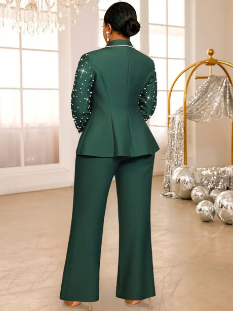 AOMEIDRESS Elegant Beaded 2 Piece Suit Turn Down Collar Blazer Side Slit Wide Leg Trousers