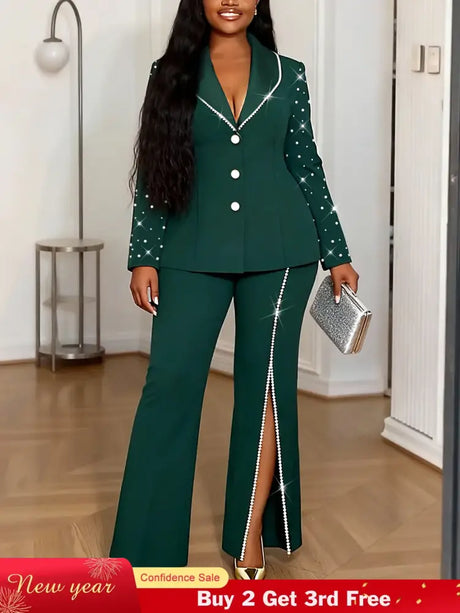 AOMEIDRESS Elegant Beaded 2 Piece Suit Turn Down Collar Blazer Side Slit Wide Leg Trousers